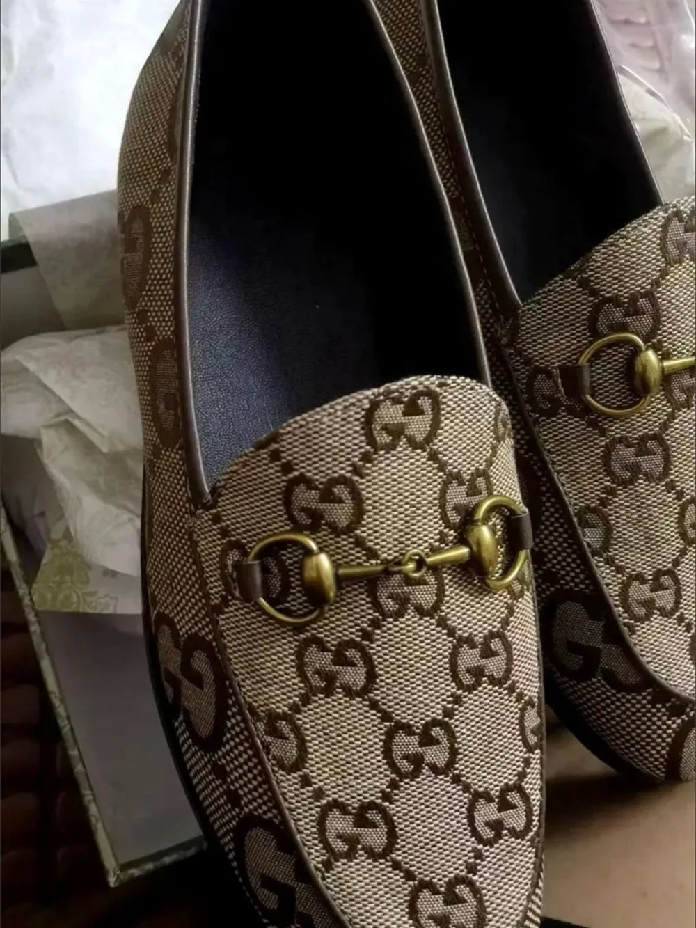 Gucci Beige/Brown Monogram Horsebit Slip-On Loafers